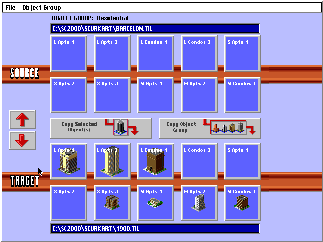 SimCity 2000: CD Collection (DOS) screenshot: The Urban Renewal Kit - inside the beast playing around with tile sets. This is how the player can use buildings from one time period in a city in another time