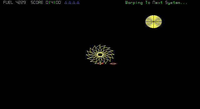 Graviton (DOS) screenshot: All planets destroyed, warping to the next system