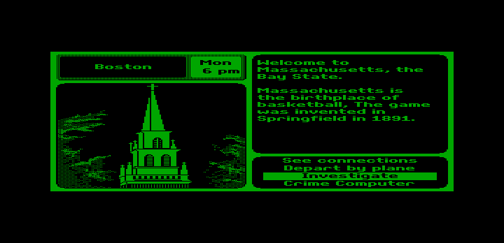 Where in the U.S.A. Is Carmen Sandiego? (DOS) screenshot: Arrived in Boston... (Hercules Monochrome)