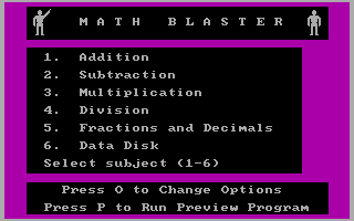 Math Blaster! (DOS) screenshot: The main menu (CGA)