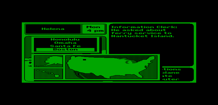 Where in the U.S.A. Is Carmen Sandiego? (DOS) screenshot: Choose a destination... (Hercules Monochrome)