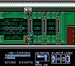 RoboCop (NES) screenshot: Dude with a knife and a laser gun on the ceiling