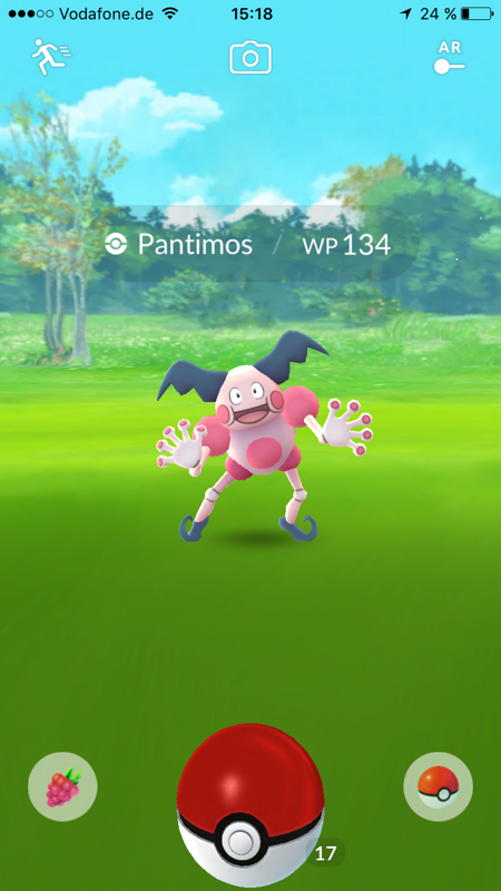 Pokémon GO (iPhone) screenshot: Here's Mr. Mime, the European exclusive Pokémon. Pantimos is his name in the German version.