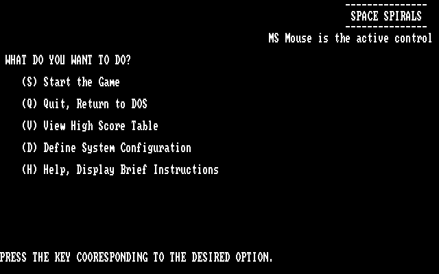 Space Spirals (DOS) screenshot: The main menu