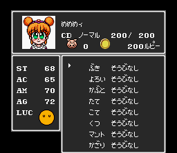 Sansara Naga 2 (SNES) screenshot: Character info. Note the pig icon - it indicates the amount of pork-based healing itemsyou have