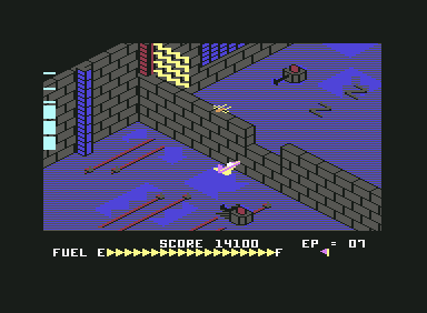 Zaxxon (Commodore 64) screenshot: Aim for the notch!