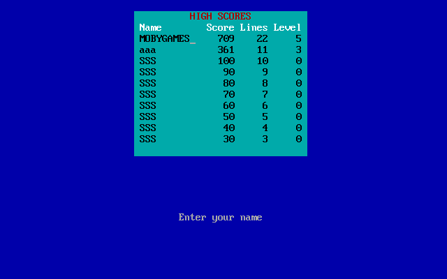 Hextris (DOS) screenshot: Game over, enter your name.