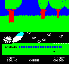 Doggy (Oric) screenshot: One of dog's lives is lost