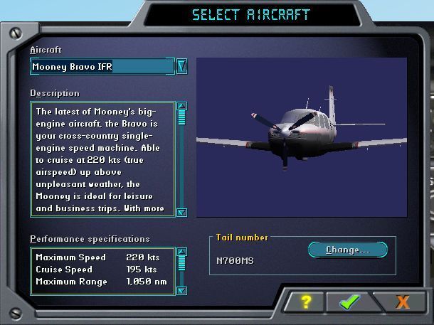 Microsoft Flight Simulator 2000: Professional Edition (Windows) screenshot: The Mooney Bravo also comes in two versions. Externally these are the same but internally they are different.