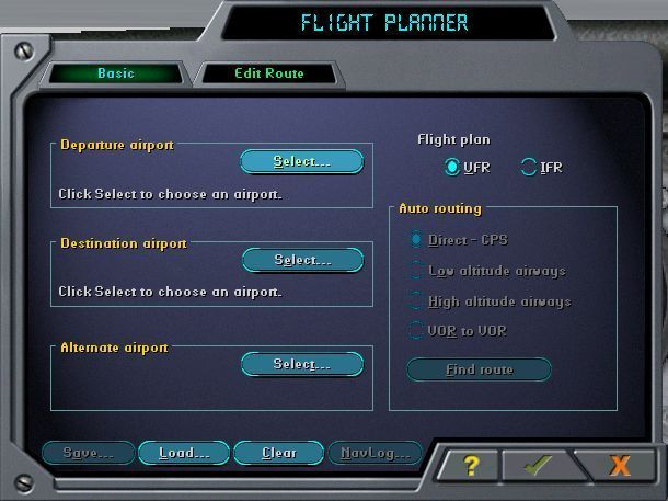 Microsoft Flight Simulator 2000: Professional Edition (Windows) screenshot: Flight Planning is an option from the menu bar that runs along the top of the screen.