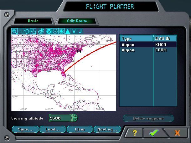 Microsoft Flight Simulator 2000: Professional Edition (Windows) screenshot: Here a flight from Orlando (USA) to Munich (Germany) has been planned. Flights can be saved, edited and replayed.