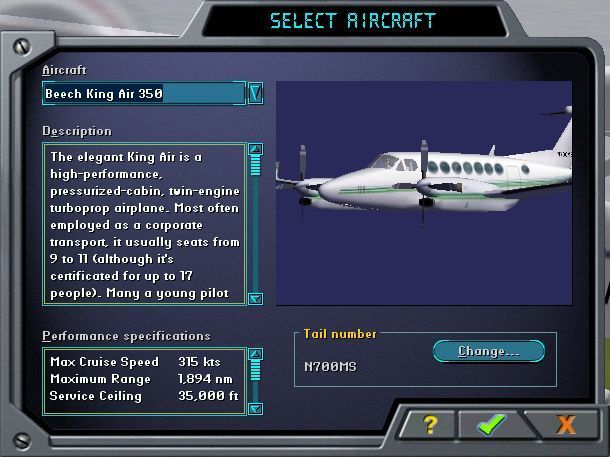 Microsoft Flight Simulator 2000: Professional Edition (Windows) screenshot: The Beech King Air 350 one of the two additional planes in the Professional Edition as shown in the aircraft selection screen