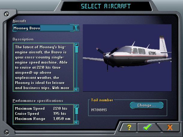 Microsoft Flight Simulator 2000: Professional Edition (Windows) screenshot: This is the Mooney Bravo the second of the two additional planes in the Professional Edition as shown in the aircraft selection screen.