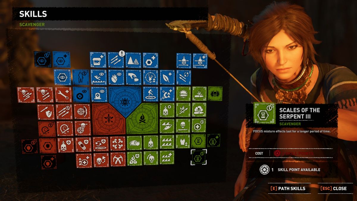 Shadow of the Tomb Raider (Windows) screenshot: The skill tree consists of three categories.