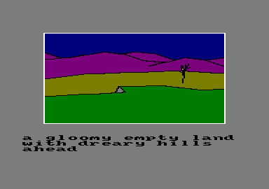 The Hobbit (Amstrad CPC) screenshot: I went outside. Gloomy.