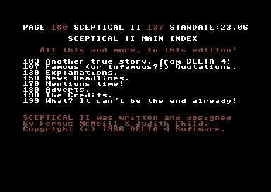 The Boggit: Bored Too (Commodore 64) screenshot: The main index for Sceptical II