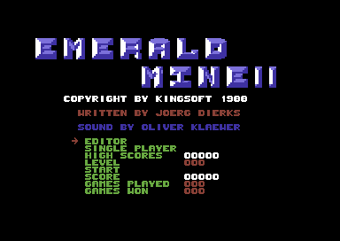 Emerald Mine II (Commodore 64) screenshot: Title screen, credits and main menu