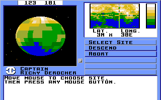 Starflight (Amiga) screenshot: Choose where to land on a planet.