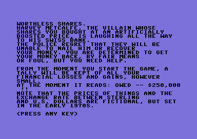 Jeffrey Archer: Not a Penny More, Not a Penny Less - The Computer Game (Commodore 64) screenshot: The exchange rate.