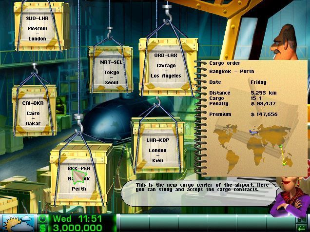 Airline Tycoon Evolution (Windows) screenshot: Enter the cargo shed to pick up additional revenue by carrying freight