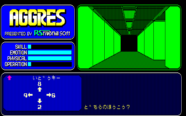 Aggres (PC-88) screenshot: This area is viewed in pseudo-3D