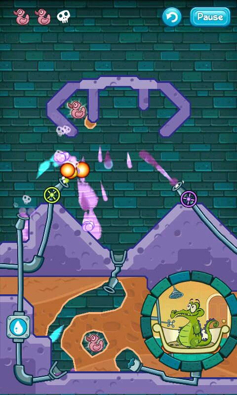 Where's My Water? (Android) screenshot: When purple and green acids meet they go boom!