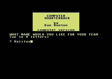 Computer Quarterback (Commodore 64) screenshot: Naming my team.