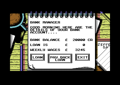 World Soccer (Commodore 64) screenshot: The bank.