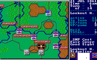Decisive Battles of the American Civil War, Volume One (DOS) screenshot: Examining the Southern army near Lookout Hill in 'First Bull Run' scenario (EGA)