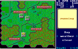 Decisive Battles of the American Civil War, Volume One (DOS) screenshot: Southern army is moving in 'Shiloh' scenario (EGA)