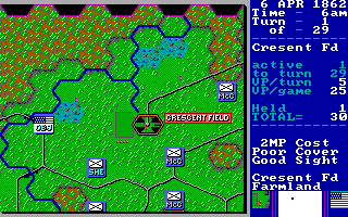 Decisive Battles of the American Civil War, Volume One (DOS) screenshot: Examining Crescent Field with Northern army in 'Shiloh' scenario (EGA)