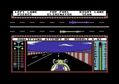 Top Fuel Eliminator (Commodore 64) screenshot: Hurtling towards the finish.