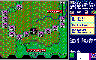 Decisive Battles of the American Civil War, Volume One (DOS) screenshot: Part of Southern army is hiding in the forest in 'Chancellorsville' scenario (EGA)