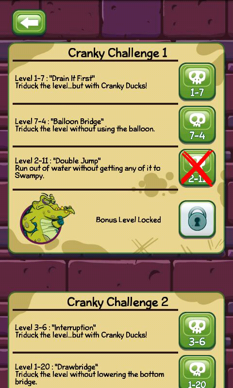 Where's My Water? (Android) screenshot: Cranky's challenges list