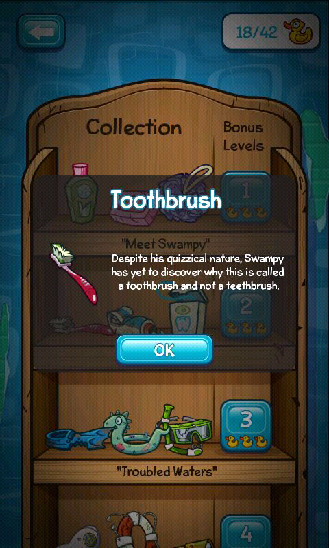 Where's My Water? (Android) screenshot: All items in the collection have humorous descriptions