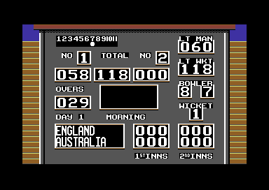 World Cricket (Commodore 64) screenshot: The scoreboard keeps ticking over.