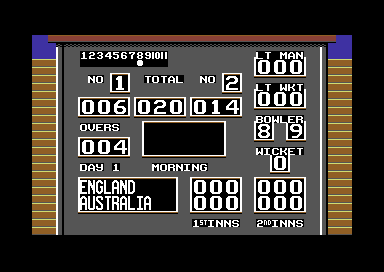 World Cricket (Commodore 64) screenshot: The scoreboard.