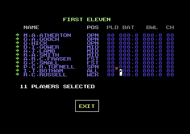 World Cricket (Commodore 64) screenshot: Your team.