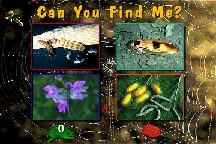 Bug Adventure (DOS) screenshot: 'Can you find me?' - a game of guessing an arthropod by a short description