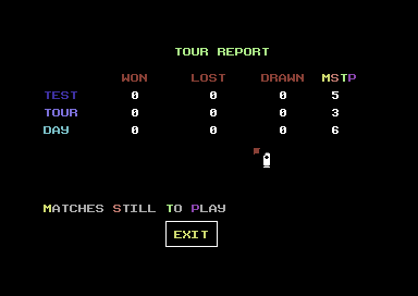 World Cricket (Commodore 64) screenshot: How is the tour going?