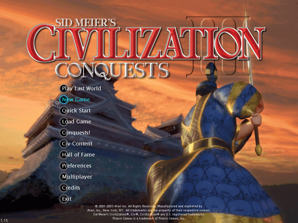 Sid Meier's Civilization III: Conquests (Windows) screenshot: Main menu