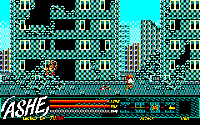Ashe (PC-88) screenshot: You bastards! What have you done to my city?..