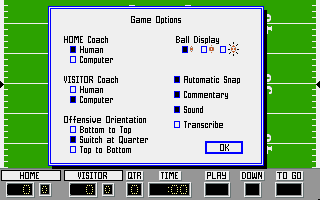 PlayMaker Football (DOS) screenshot: Game Options (EGA/VGA)