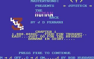 The Human Race (Commodore 64) screenshot: The game is about to start. Level 1 ia 1,000,000 years BC. This screen is redisplayed whenever the player loses one of their three lives with the number of lives decreasing at each showing