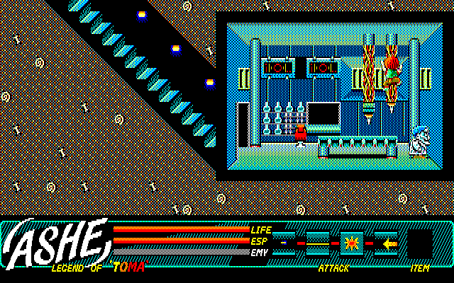 Ashe (PC-88) screenshot: Wee again! Demonstrating climbing abilities to the astonished professor