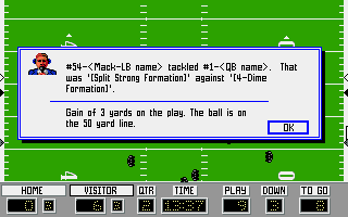 PlayMaker Football (DOS) screenshot: Tackled. Gain of 3 yards on the play (EGA/VGA)