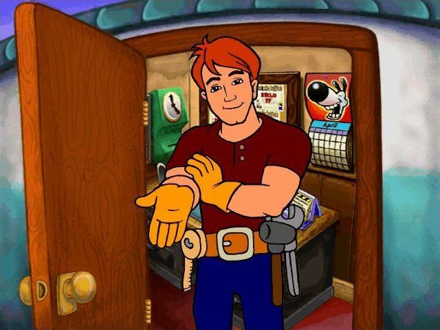 Fisher-Price Big Action Construction (Windows) screenshot: This is Frank the foreman saying hello. In the animated introduction he takes the player inside his cabin to explain the game controls