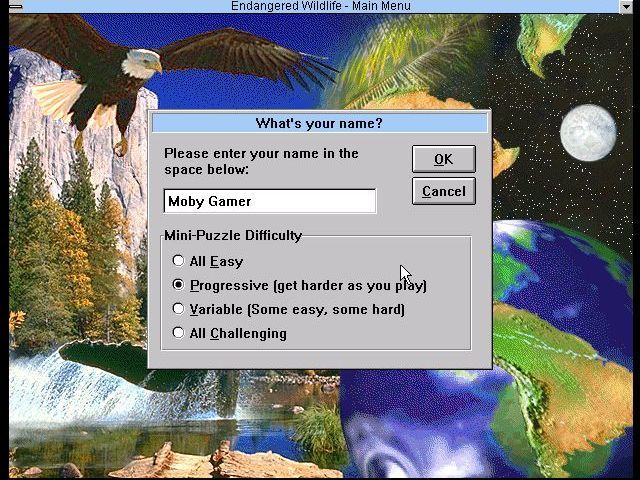 David Bellamy's Endangered Wildlife (Windows 3.x) screenshot: The Discovery Game: Signing in and selecting the difficulty setting for the game