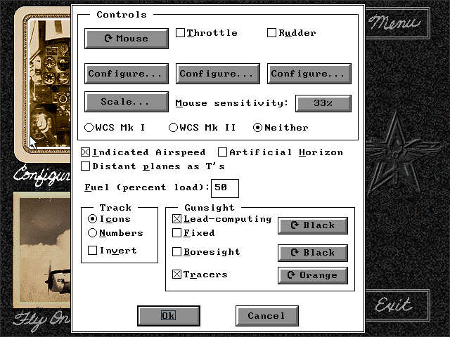 Air Warrior (DOS) screenshot: Mission menu. (v1.5)