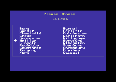 Football Manager 3 (Commodore 64) screenshot: Select your team.